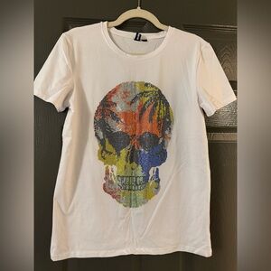 Fashion Union White Tee with Multicolor Skull Graphic